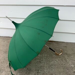 Green Parasol Dome-Top Umbrella with Gold Curved Handle Vintage Japan
